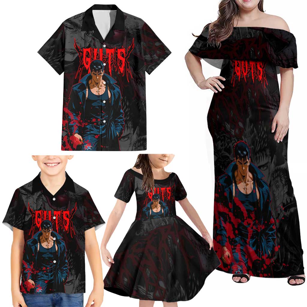 Guts Berserk Dark Theme Family Matching Off Shoulder Maxi Dress and Hawaiian Shirt with Blood Splatter and Intense Warrior Expression Design