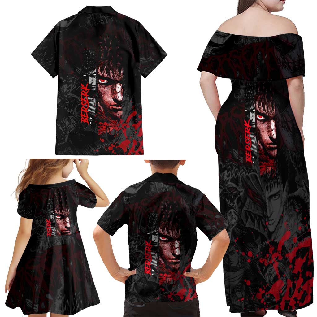 Guts Berserk Dark Theme Family Matching Off Shoulder Maxi Dress and Hawaiian Shirt with Blood Splatter and Intense Warrior Expression Design