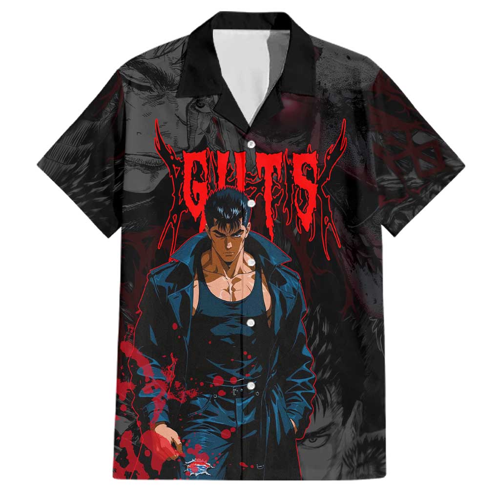 Guts Berserk Dark Theme Family Matching Off Shoulder Maxi Dress and Hawaiian Shirt with Blood Splatter and Intense Warrior Expression Design