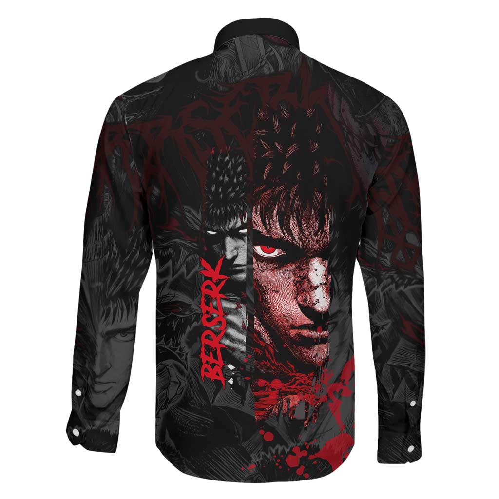 Guts Berserk Dark Theme Family Matching Off Shoulder Maxi Dress and Hawaiian Shirt with Blood Splatter and Intense Warrior Expression Design