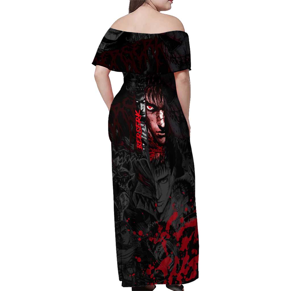Guts Berserk Dark Theme Family Matching Off Shoulder Maxi Dress and Hawaiian Shirt with Blood Splatter and Intense Warrior Expression Design
