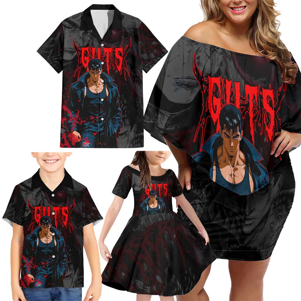 Guts Berserk Dark Theme Family Matching Off Shoulder Short Dress and Hawaiian Shirt with Blood Splatter and Intense Warrior Expression Design