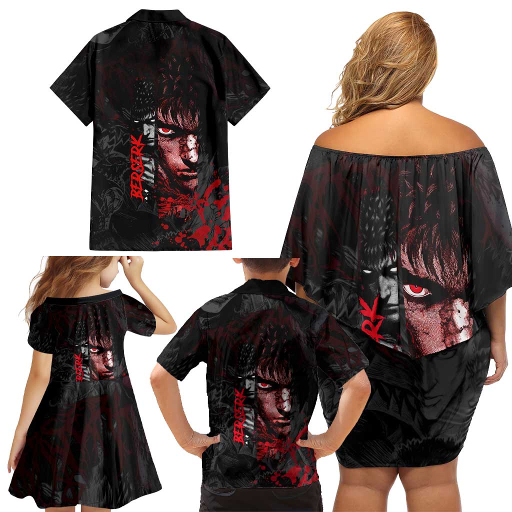 Guts Berserk Dark Theme Family Matching Off Shoulder Short Dress and Hawaiian Shirt with Blood Splatter and Intense Warrior Expression Design