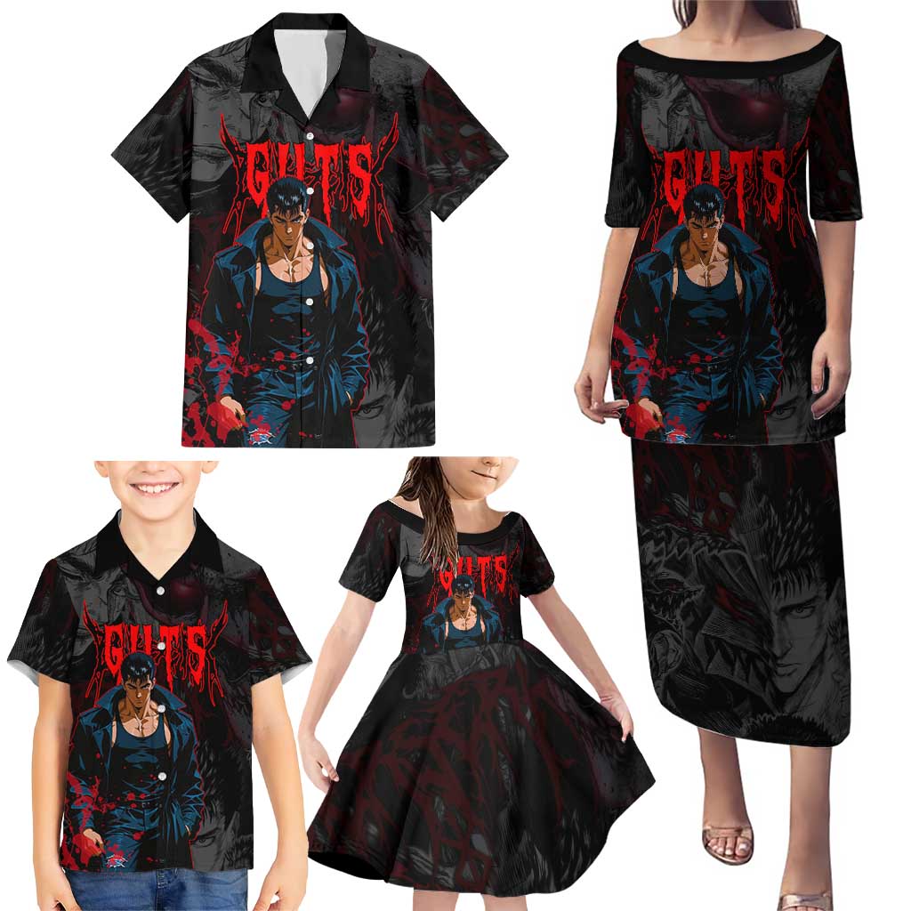 Guts Berserk Dark Theme Family Matching Puletasi and Hawaiian Shirt with Blood Splatter and Intense Warrior Expression Design