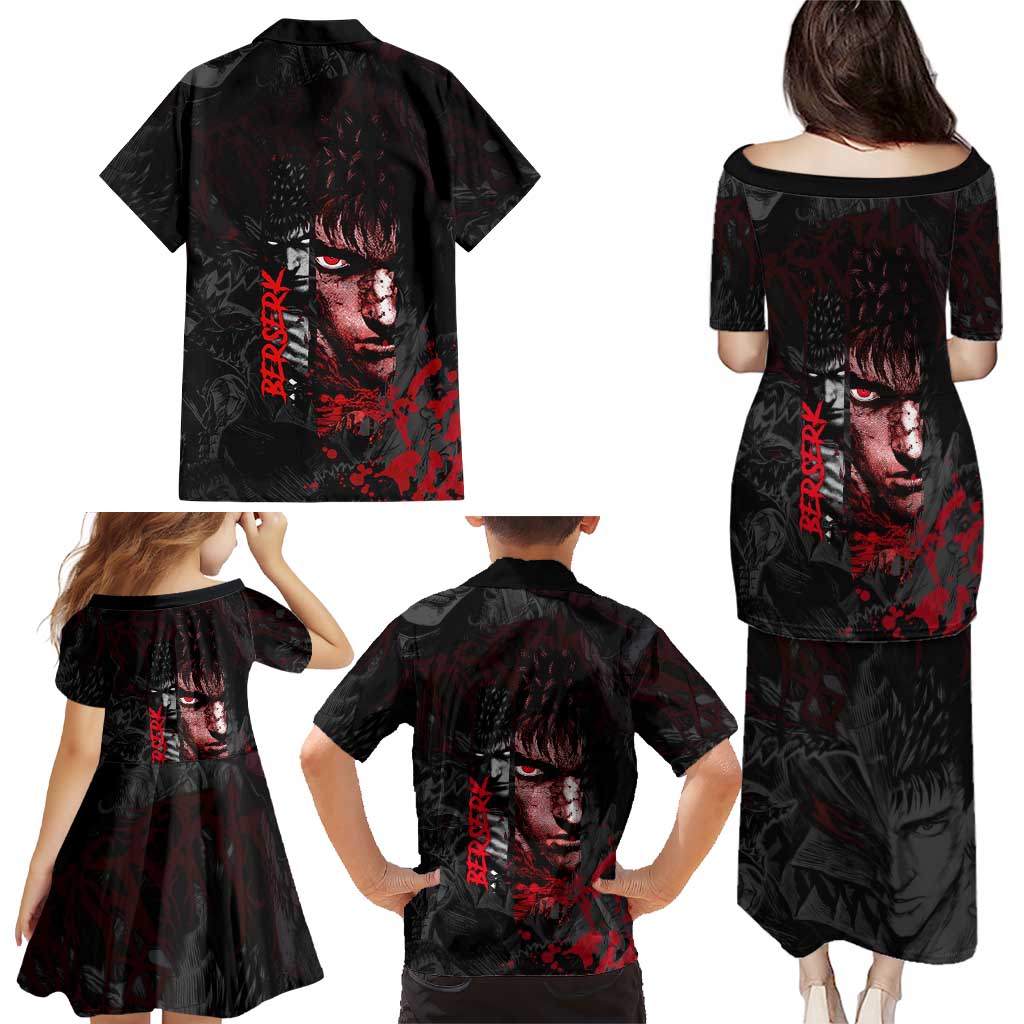 Guts Berserk Dark Theme Family Matching Puletasi and Hawaiian Shirt with Blood Splatter and Intense Warrior Expression Design