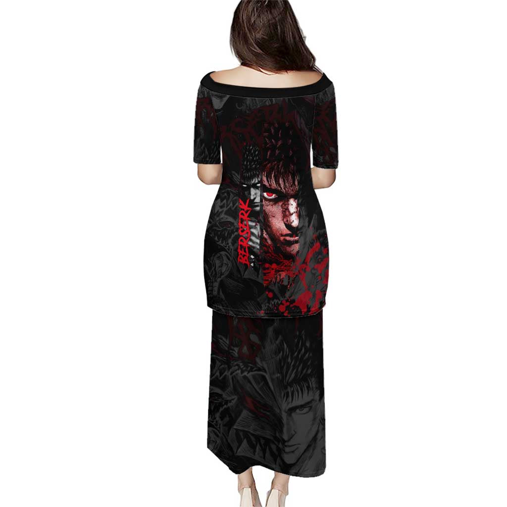 Guts Berserk Dark Theme Family Matching Puletasi and Hawaiian Shirt with Blood Splatter and Intense Warrior Expression Design