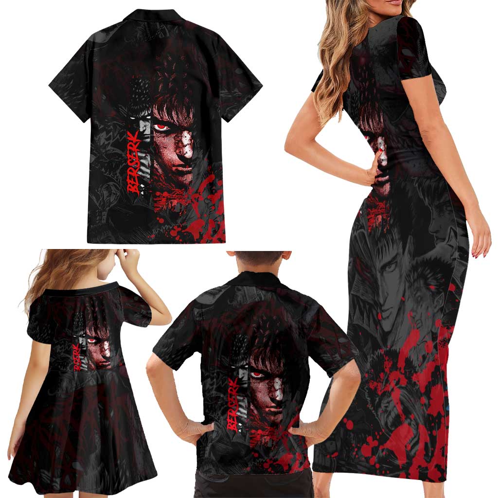 Guts Berserk Dark Theme Family Matching Short Sleeve Bodycon Dress and Hawaiian Shirt with Blood Splatter and Intense Warrior Expression Design