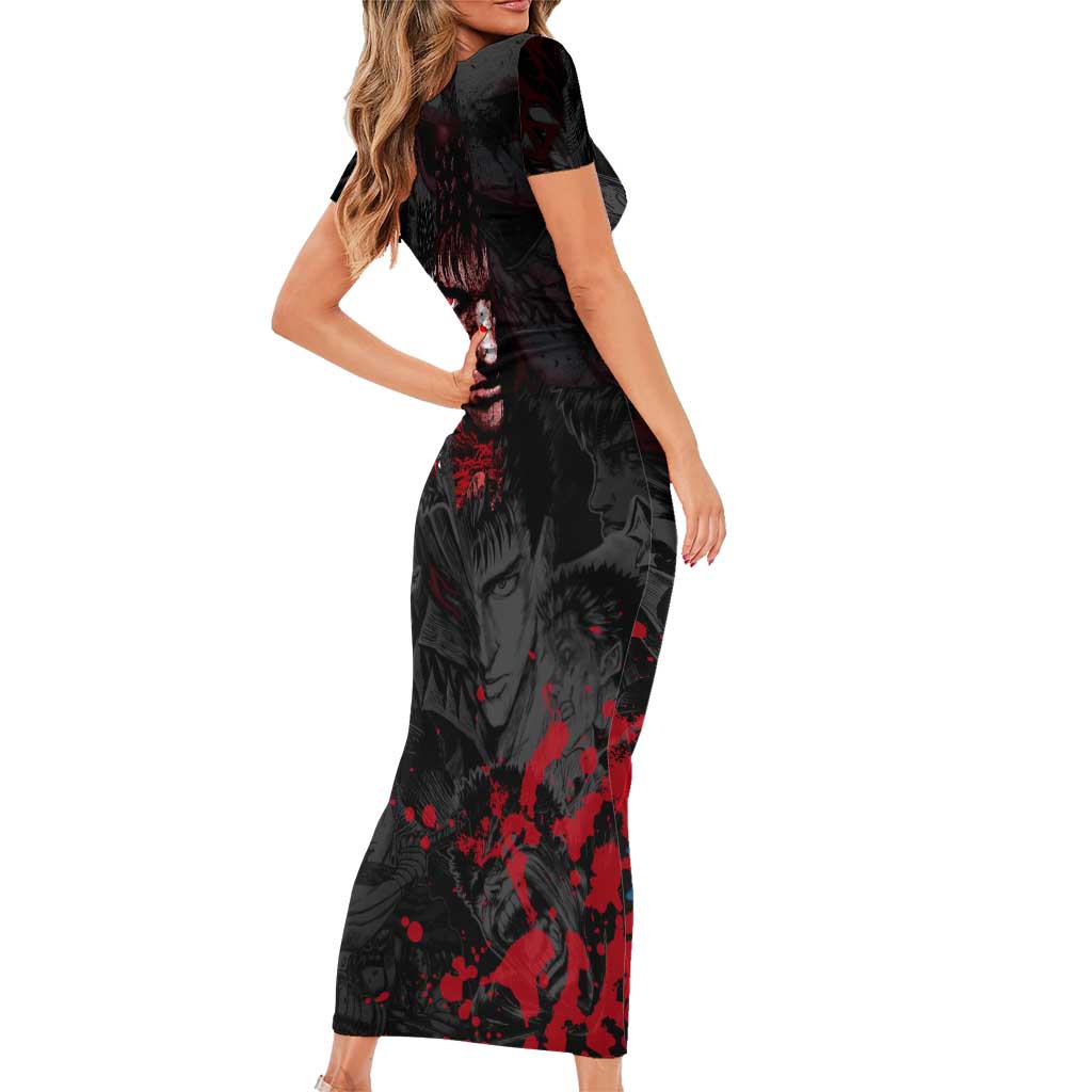Guts Berserk Dark Theme Family Matching Short Sleeve Bodycon Dress and Hawaiian Shirt with Blood Splatter and Intense Warrior Expression Design