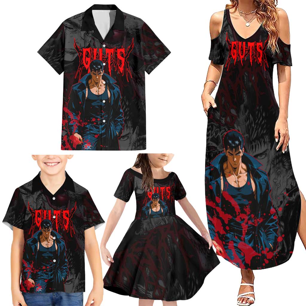 Guts Berserk Dark Theme Family Matching Summer Maxi Dress and Hawaiian Shirt with Blood Splatter and Intense Warrior Expression Design