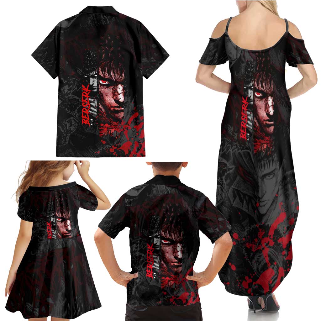 Guts Berserk Dark Theme Family Matching Summer Maxi Dress and Hawaiian Shirt with Blood Splatter and Intense Warrior Expression Design