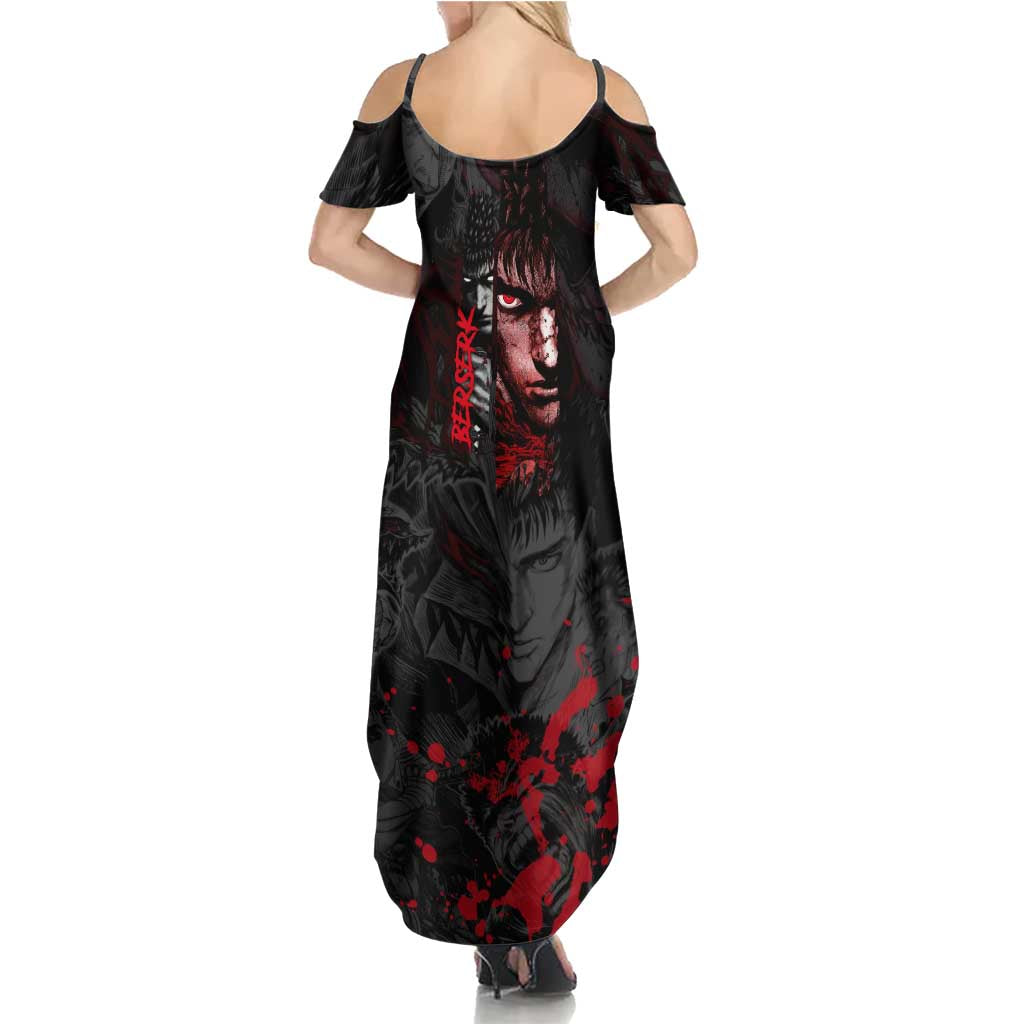 Guts Berserk Dark Theme Family Matching Summer Maxi Dress and Hawaiian Shirt with Blood Splatter and Intense Warrior Expression Design