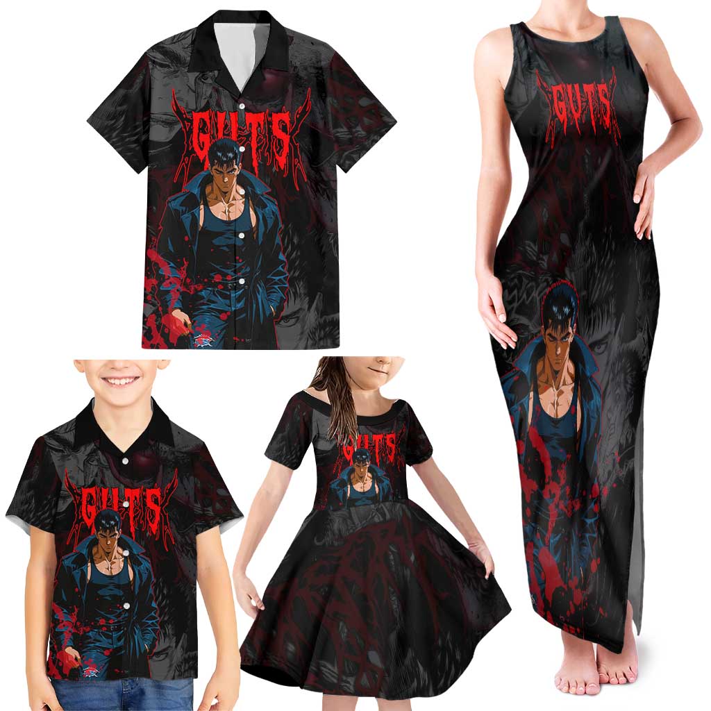 Guts Berserk Dark Theme Family Matching Tank Maxi Dress and Hawaiian Shirt with Blood Splatter and Intense Warrior Expression Design