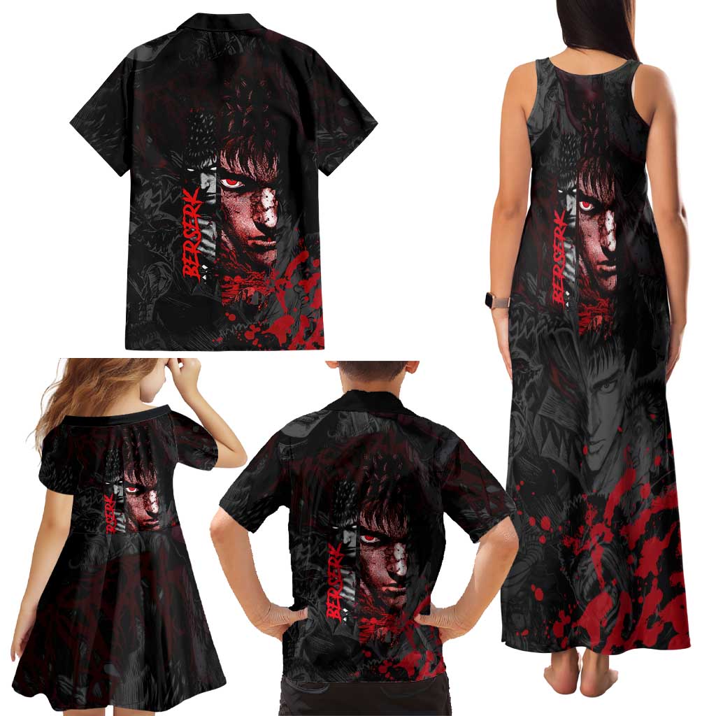 Guts Berserk Dark Theme Family Matching Tank Maxi Dress and Hawaiian Shirt with Blood Splatter and Intense Warrior Expression Design