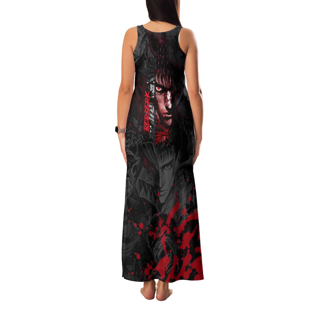 Guts Berserk Dark Theme Family Matching Tank Maxi Dress and Hawaiian Shirt with Blood Splatter and Intense Warrior Expression Design
