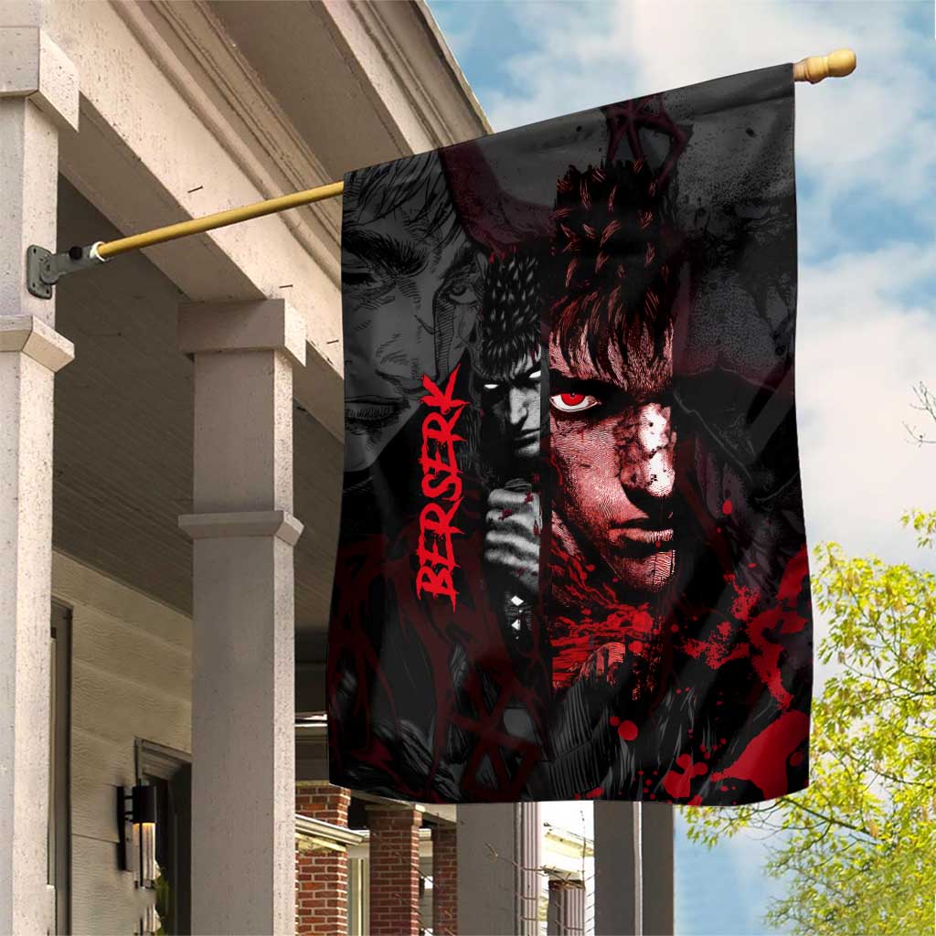 Guts Berserk Dark Theme Garden Flag with Blood Splatter and Intense Warrior Expression Design - The Mazicc