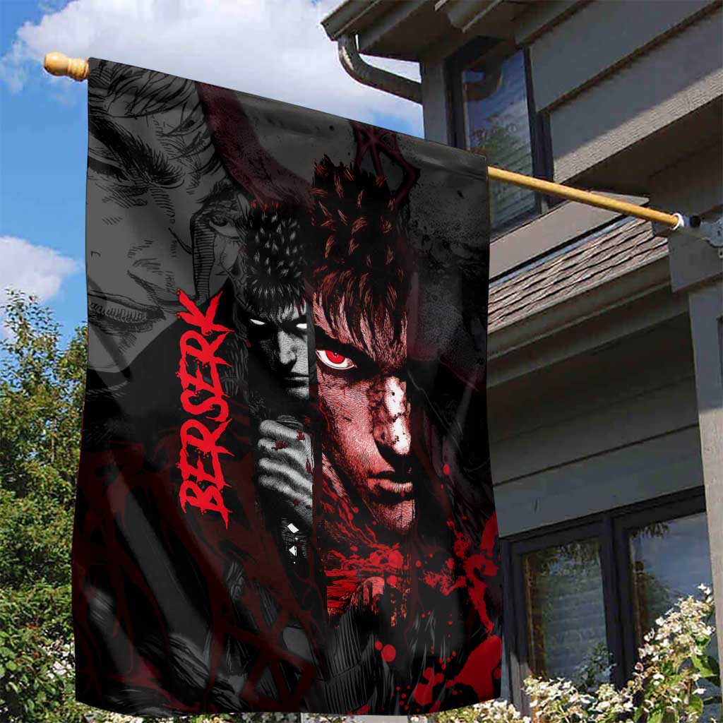 Guts Berserk Dark Theme Garden Flag with Blood Splatter and Intense Warrior Expression Design - The Mazicc