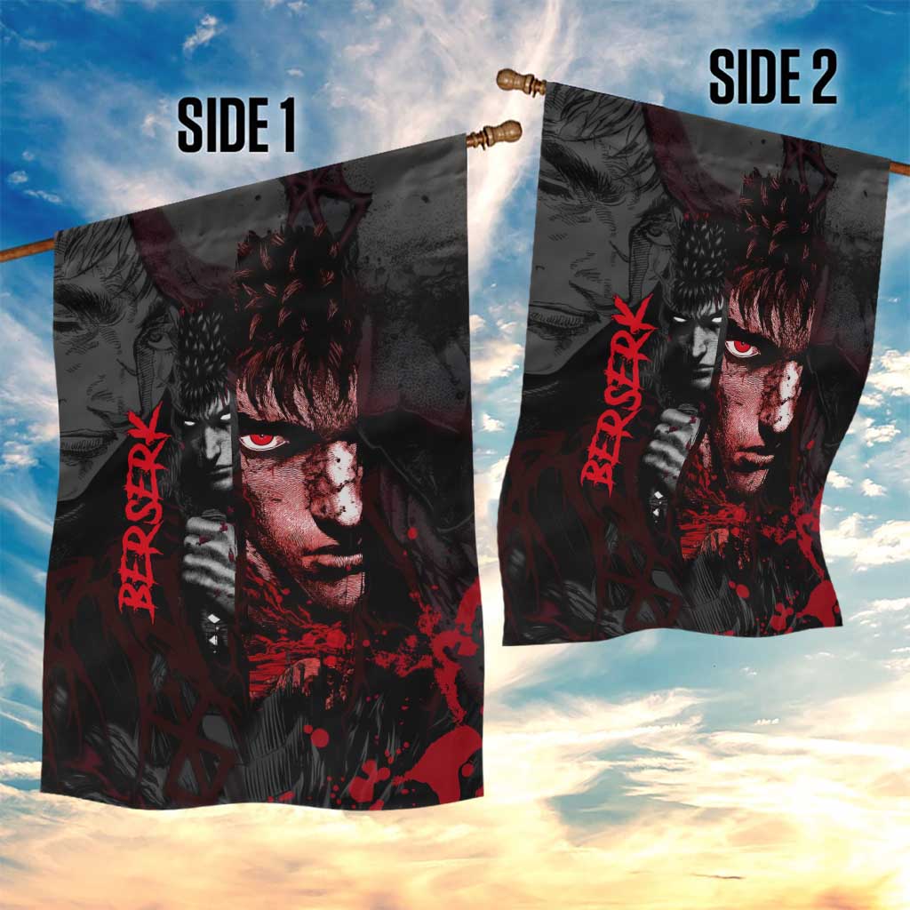 Guts Berserk Dark Theme Garden Flag with Blood Splatter and Intense Warrior Expression Design - The Mazicc