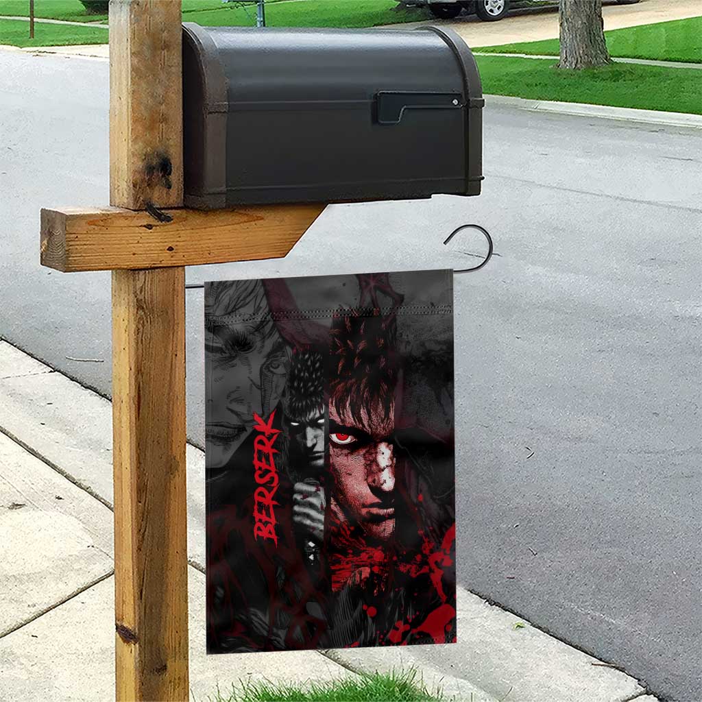 Guts Berserk Dark Theme Garden Flag with Blood Splatter and Intense Warrior Expression Design - The Mazicc