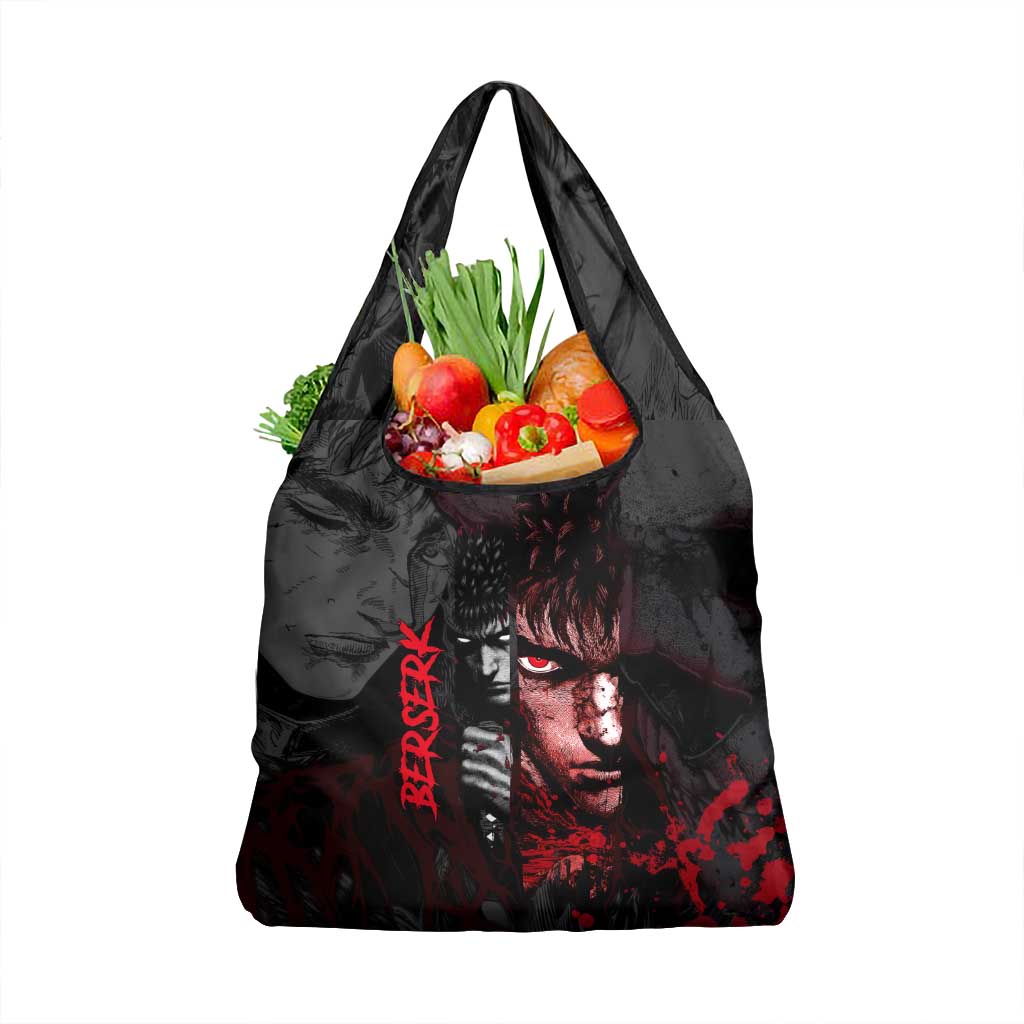 Guts Berserk Dark Theme Grocery Bag with Blood Splatter and Intense Warrior Expression Design - The Mazicc