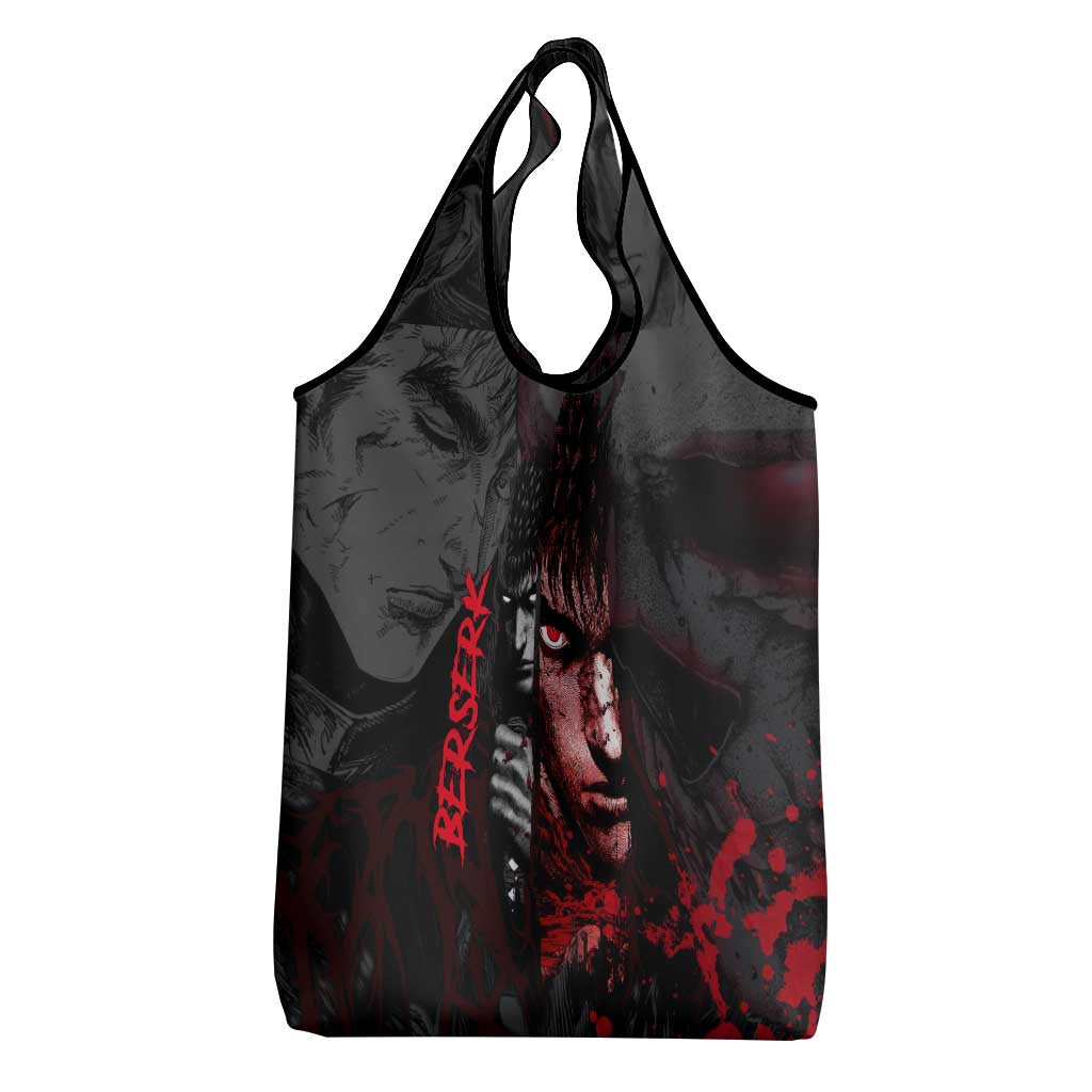 Guts Berserk Dark Theme Grocery Bag with Blood Splatter and Intense Warrior Expression Design - The Mazicc
