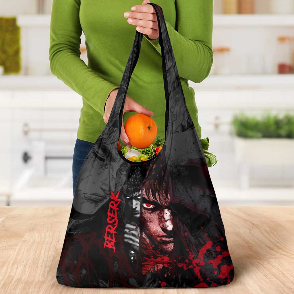 Guts Berserk Dark Theme Grocery Bag with Blood Splatter and Intense Warrior Expression Design - The Mazicc