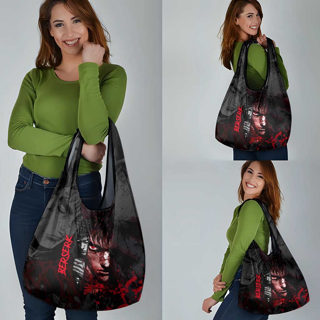 Guts Berserk Dark Theme Grocery Bag with Blood Splatter and Intense Warrior Expression Design - The Mazicc
