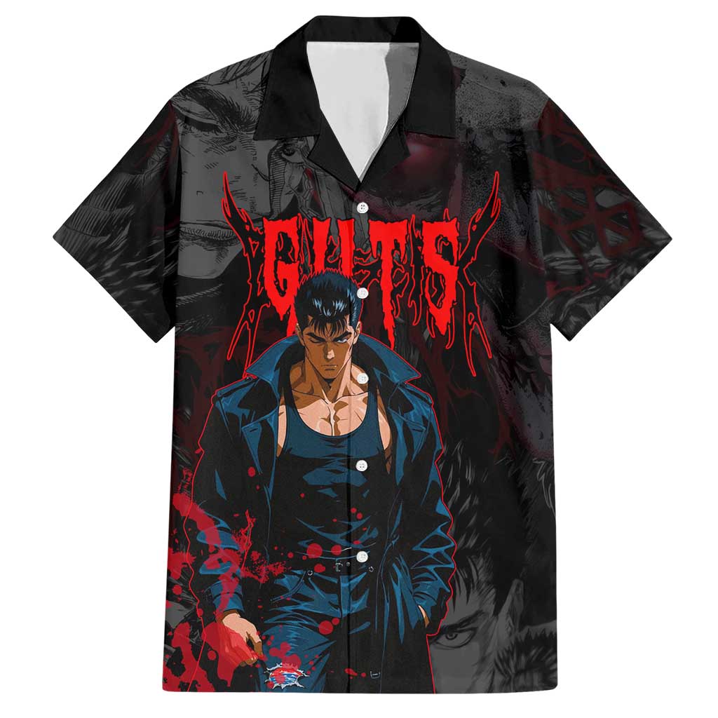 Guts Berserk Dark Theme Hawaiian Shirt with Blood Splatter and Intense Warrior Expression Design - The Mazicc