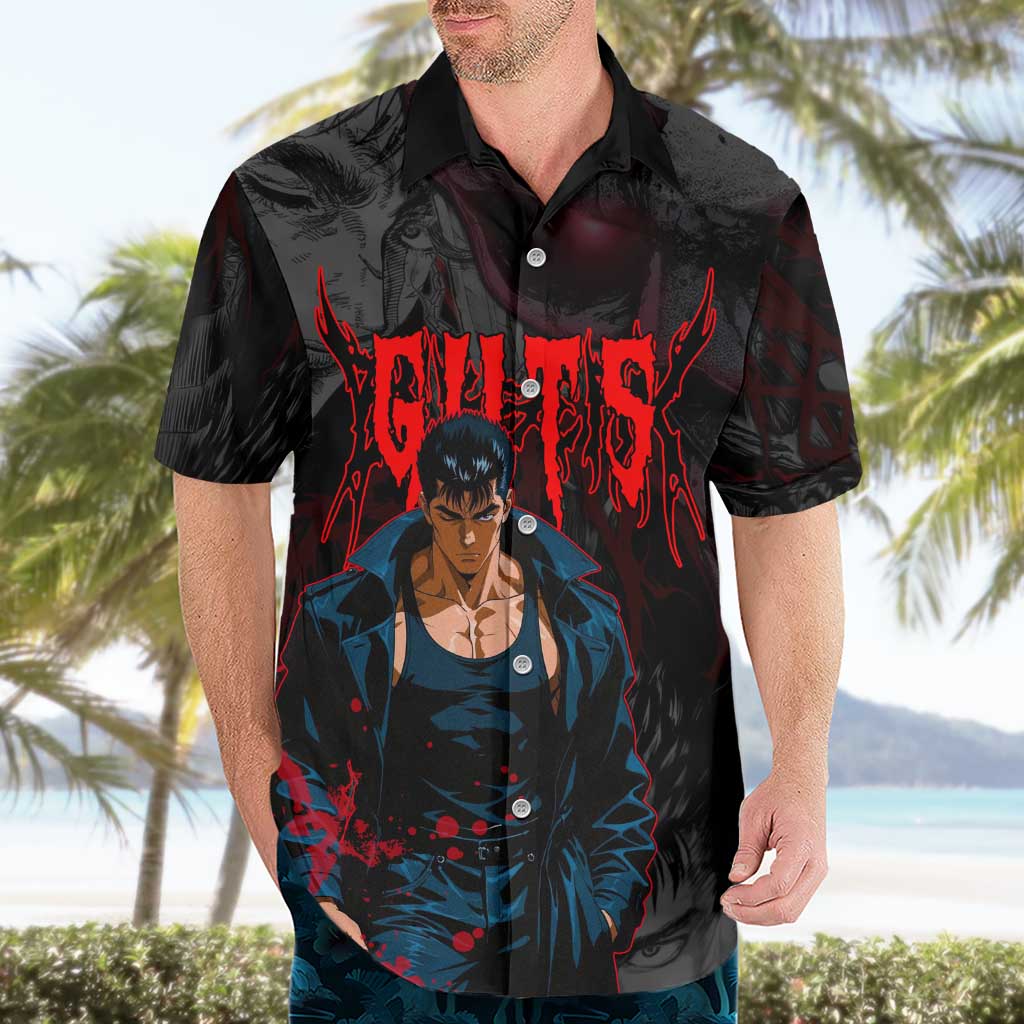 Guts Berserk Dark Theme Hawaiian Shirt with Blood Splatter and Intense Warrior Expression Design - The Mazicc