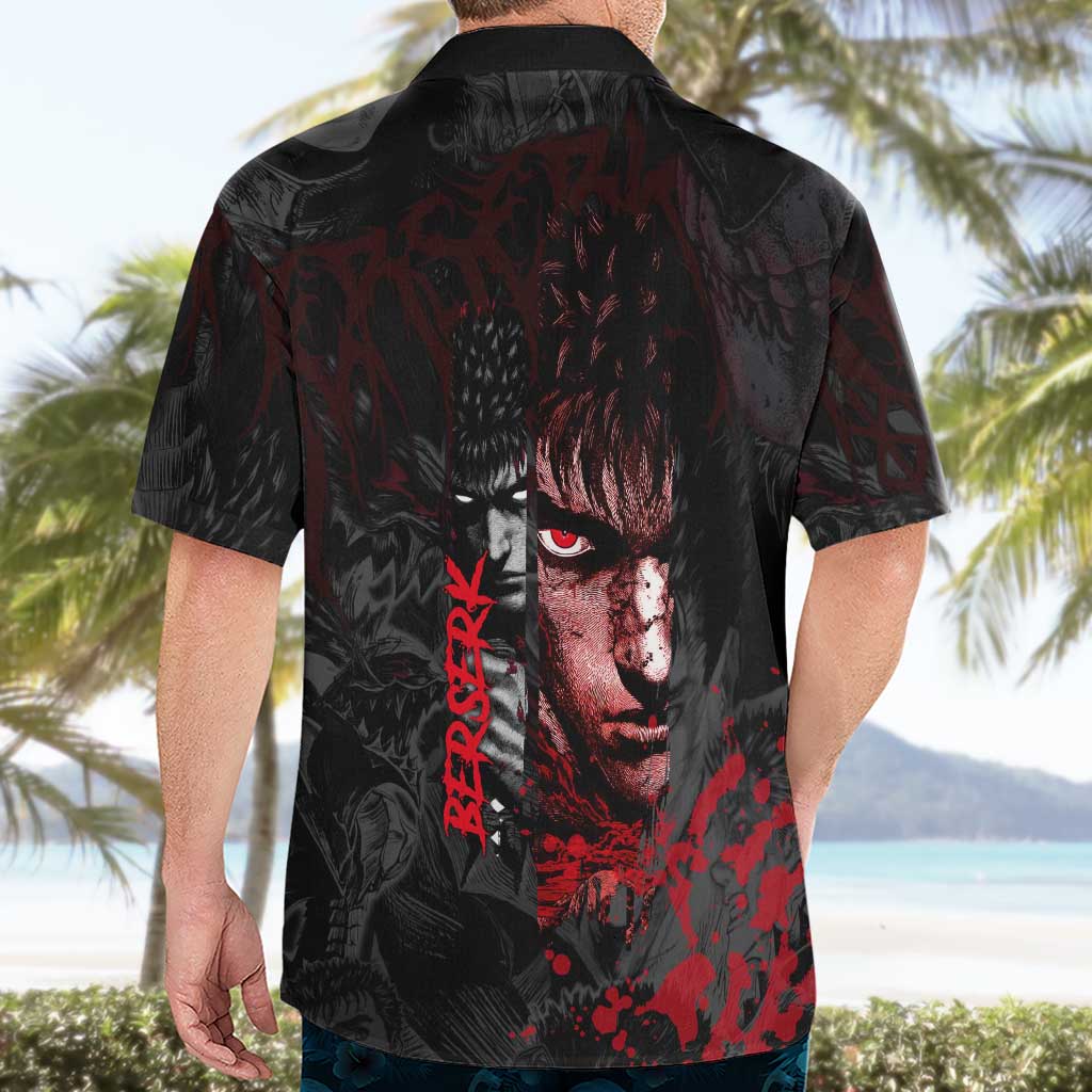 Guts Berserk Dark Theme Hawaiian Shirt with Blood Splatter and Intense Warrior Expression Design - The Mazicc