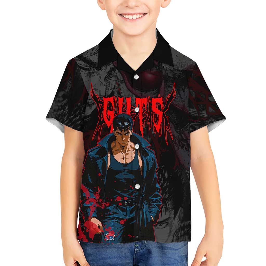 Guts Berserk Dark Theme Hawaiian Shirt with Blood Splatter and Intense Warrior Expression Design - The Mazicc