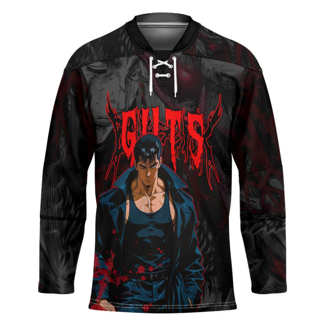 Guts Berserk Dark Theme Hockey Jersey with Blood Splatter and Intense Warrior Expression Design - The Mazicc