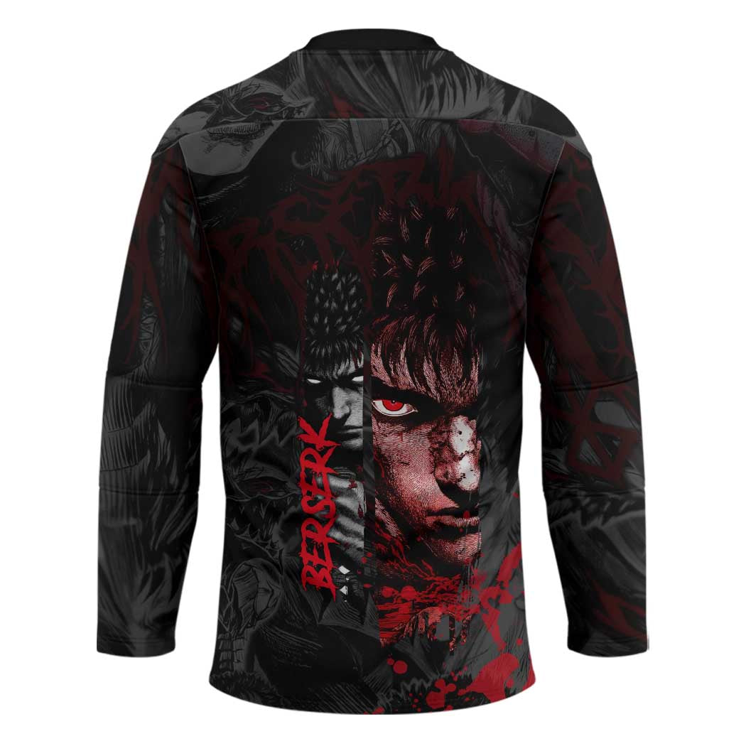 Guts Berserk Dark Theme Hockey Jersey with Blood Splatter and Intense Warrior Expression Design - The Mazicc