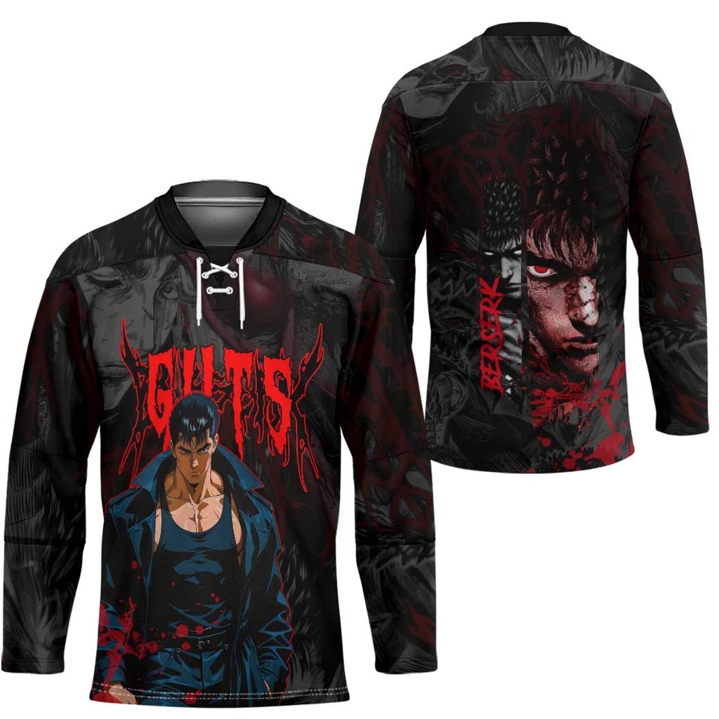 Guts Berserk Dark Theme Hockey Jersey with Blood Splatter and Intense Warrior Expression Design - The Mazicc