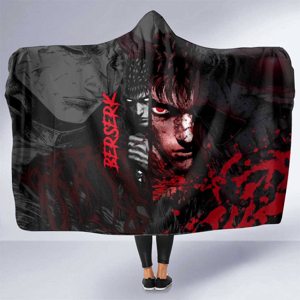 Guts Berserk Dark Theme Hooded Blanket with Blood Splatter and Intense Warrior Expression Design - The Mazicc