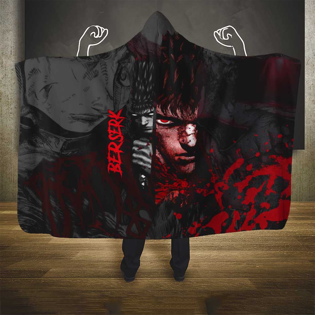 Guts Berserk Dark Theme Hooded Blanket with Blood Splatter and Intense Warrior Expression Design - The Mazicc