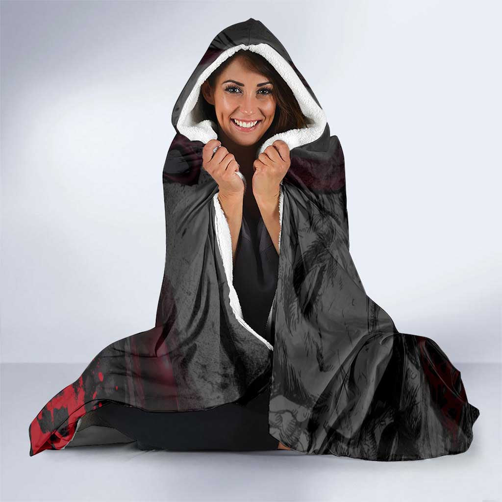 Guts Berserk Dark Theme Hooded Blanket with Blood Splatter and Intense Warrior Expression Design - The Mazicc