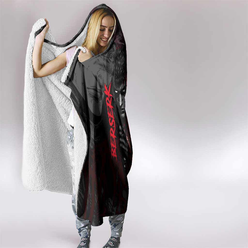 Guts Berserk Dark Theme Hooded Blanket with Blood Splatter and Intense Warrior Expression Design - The Mazicc