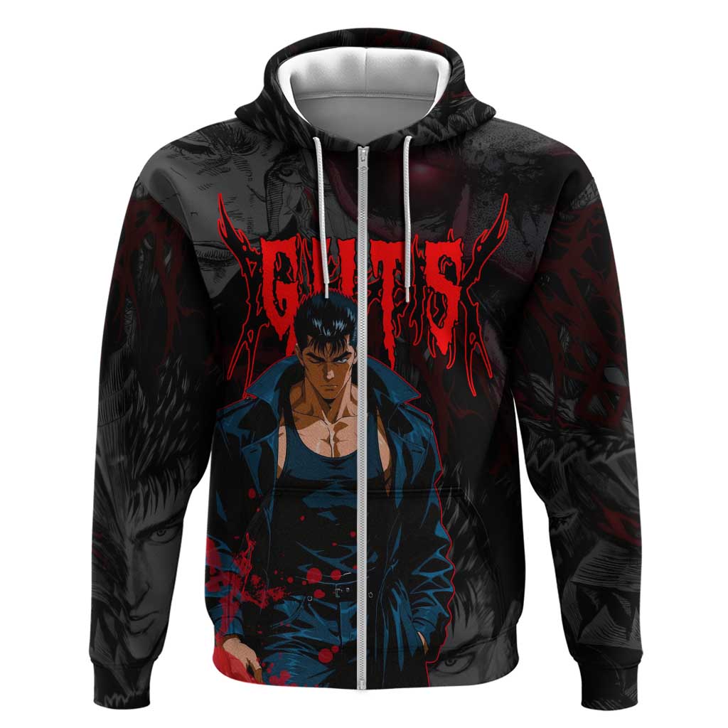 Guts Berserk Dark Theme Hoodie with Blood Splatter and Intense Warrior Expression Design - The Mazicc