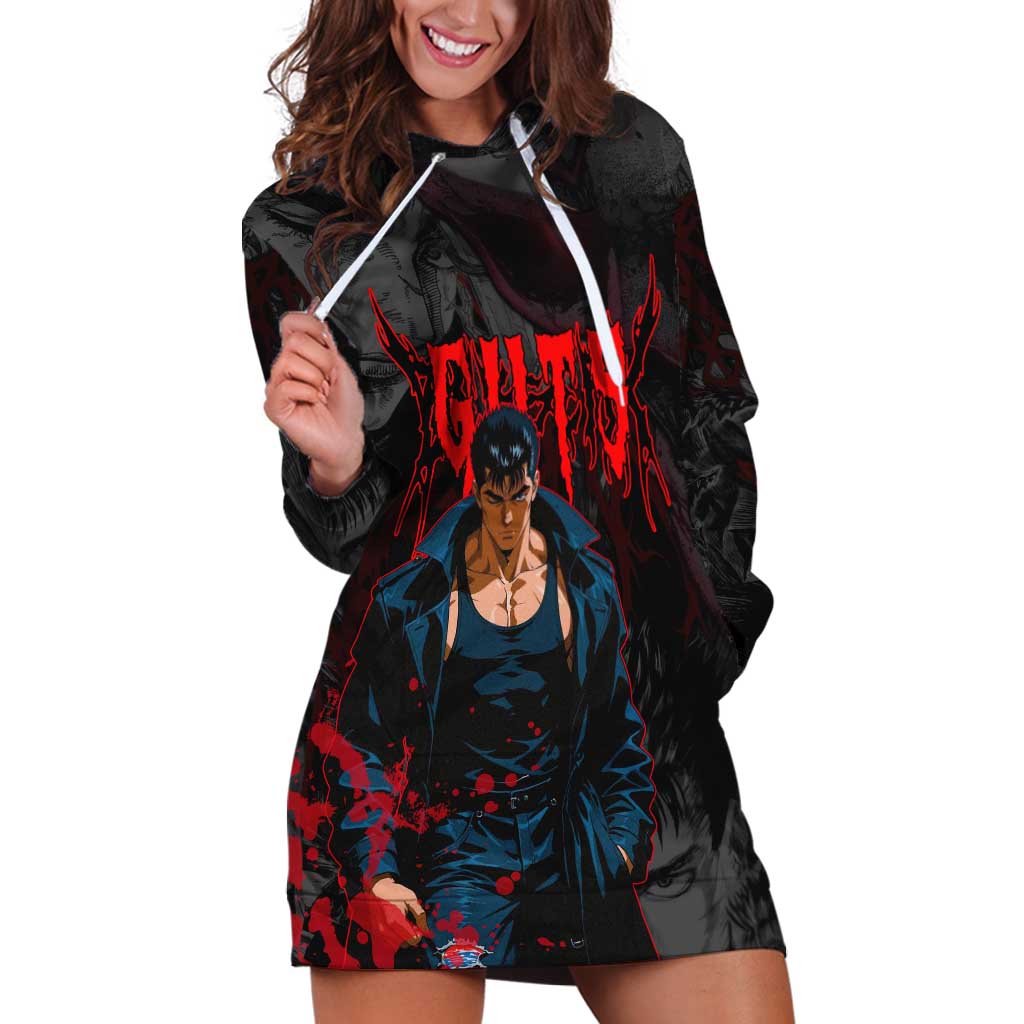 Guts Berserk Dark Theme Hoodie Dress with Blood Splatter and Intense Warrior Expression Design - The Mazicc
