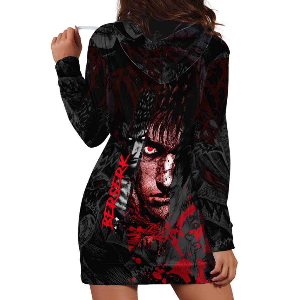 Guts Berserk Dark Theme Hoodie Dress with Blood Splatter and Intense Warrior Expression Design - The Mazicc