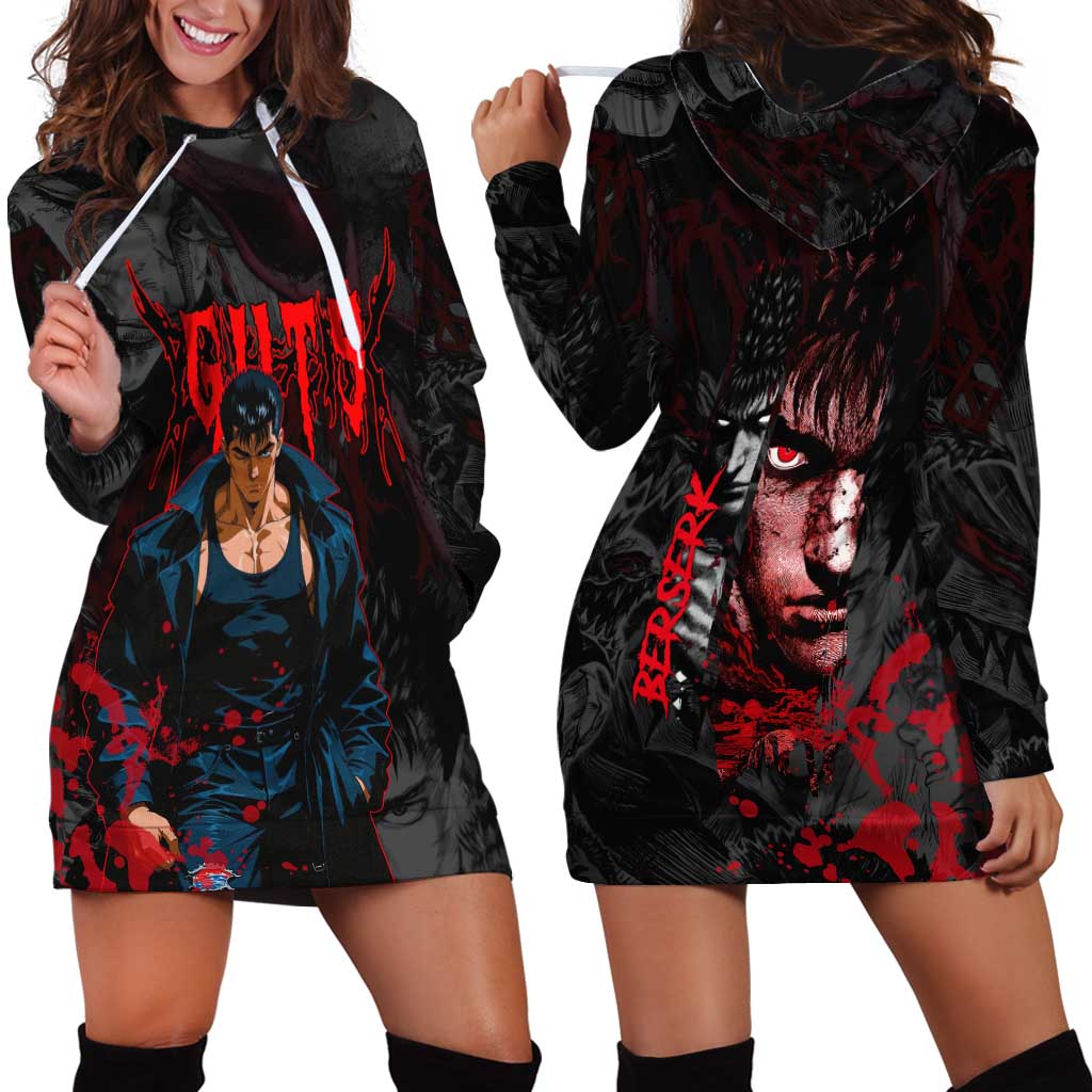 Guts Berserk Dark Theme Hoodie Dress with Blood Splatter and Intense Warrior Expression Design - The Mazicc