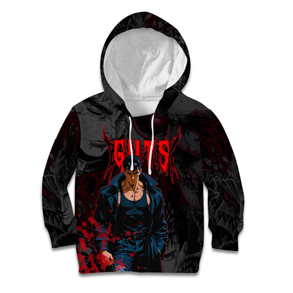 Guts Berserk Dark Theme Kid Hoodie with Blood Splatter and Intense Warrior Expression Design - The Mazicc