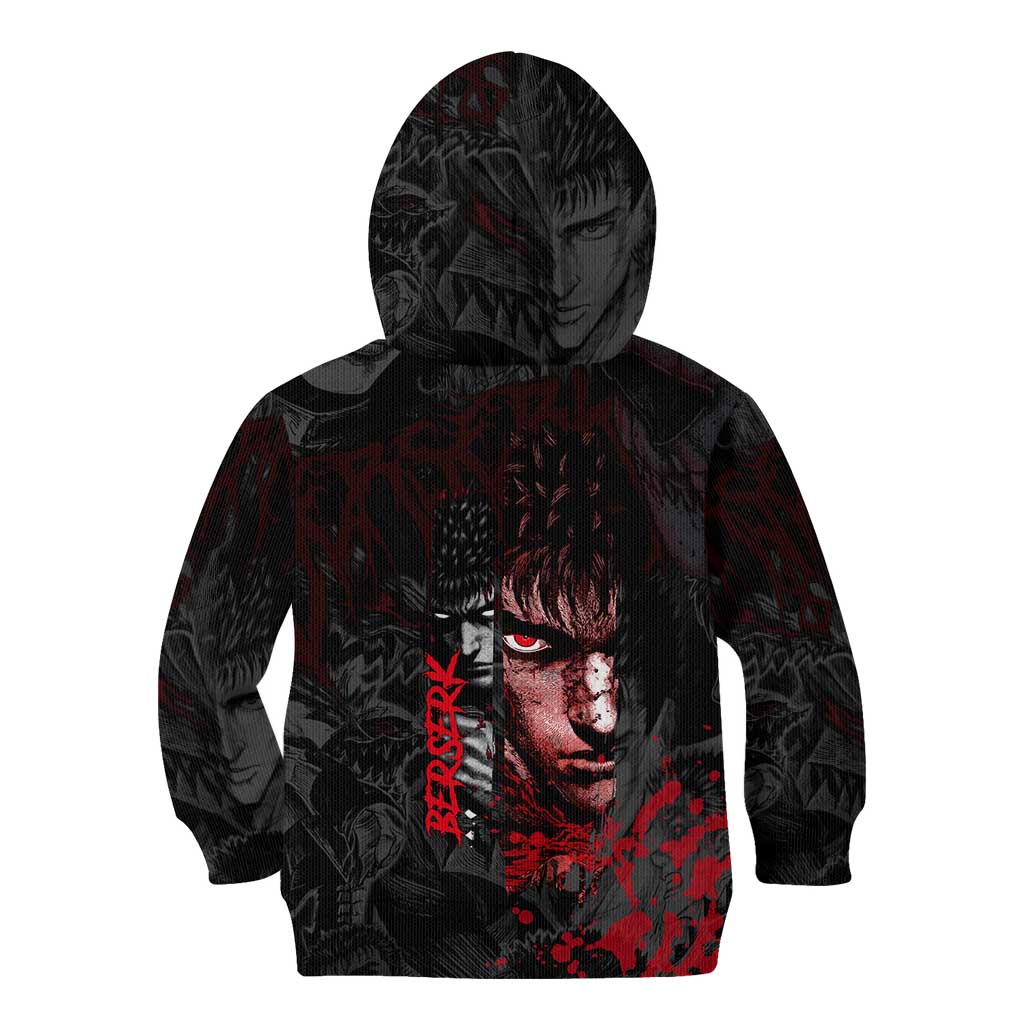 Guts Berserk Dark Theme Kid Hoodie with Blood Splatter and Intense Warrior Expression Design - The Mazicc