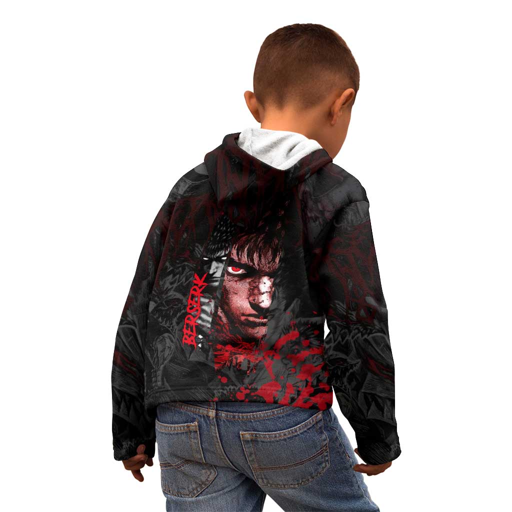 Guts Berserk Dark Theme Kid Hoodie with Blood Splatter and Intense Warrior Expression Design - The Mazicc