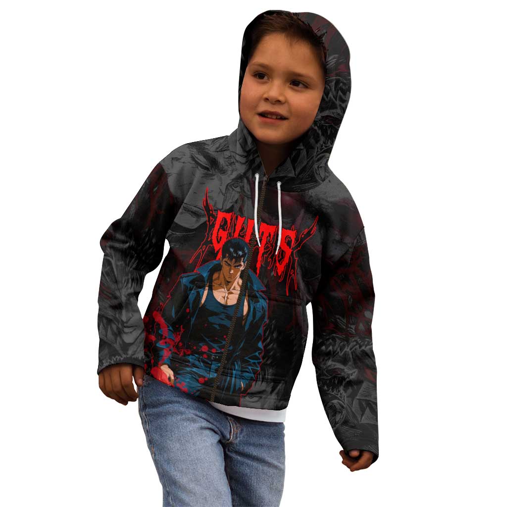 Guts Berserk Dark Theme Kid Hoodie with Blood Splatter and Intense Warrior Expression Design - The Mazicc