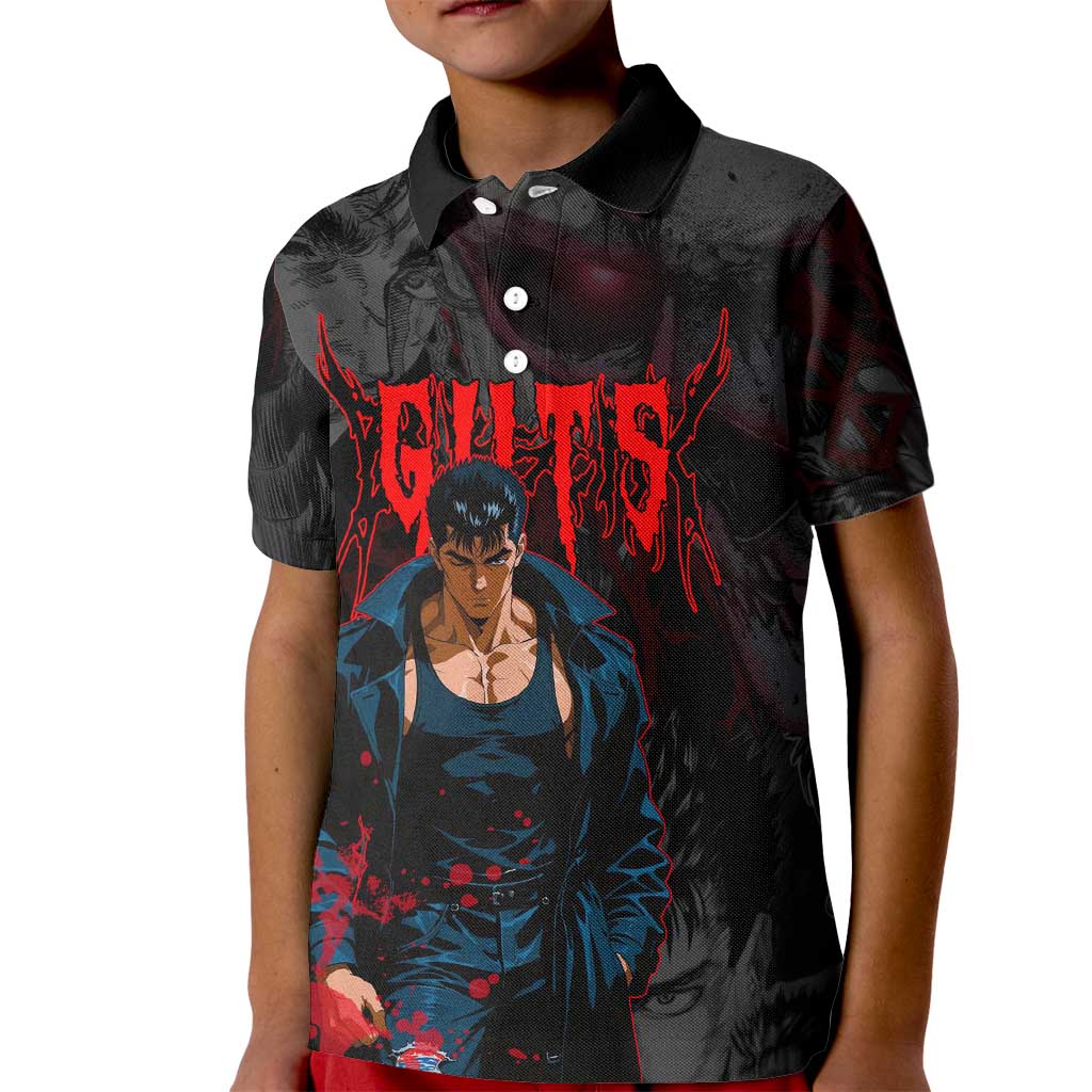 Guts Berserk Dark Theme Kid Polo Shirt with Blood Splatter and Intense Warrior Expression Design - The Mazicc