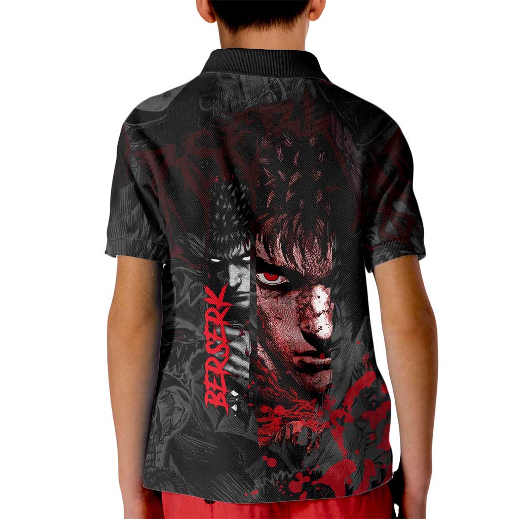 Guts Berserk Dark Theme Kid Polo Shirt with Blood Splatter and Intense Warrior Expression Design - The Mazicc