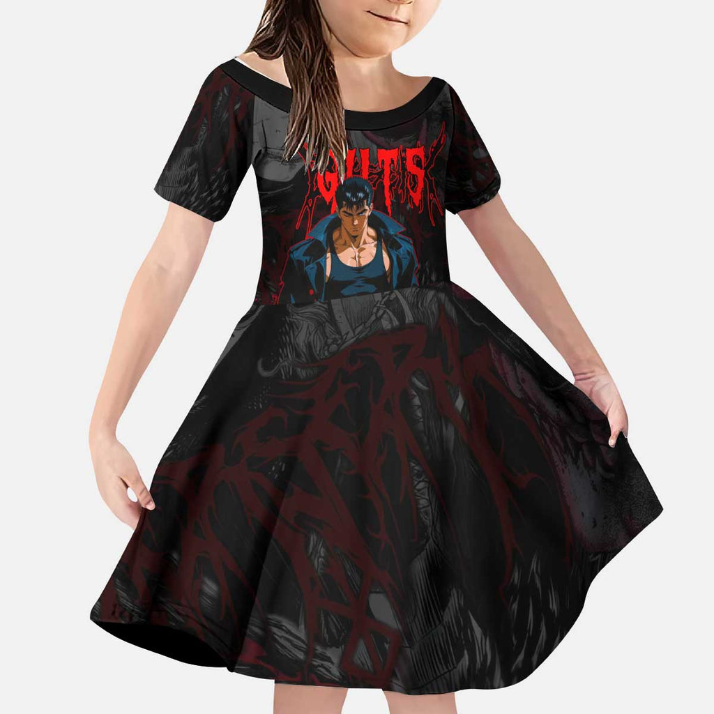 Guts Berserk Dark Theme Kid Short Sleeve Dress with Blood Splatter and Intense Warrior Expression Design - The Mazicc