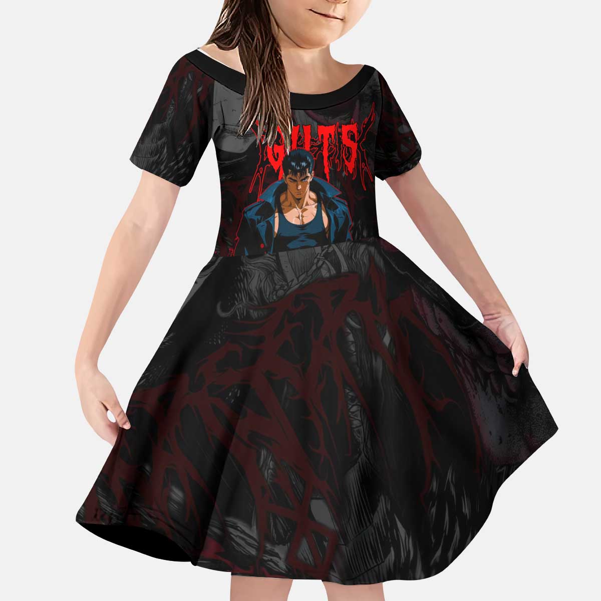 Guts Berserk Dark Theme Kid Short Sleeve Dress with Blood Splatter and Intense Warrior Expression Design - The Mazicc