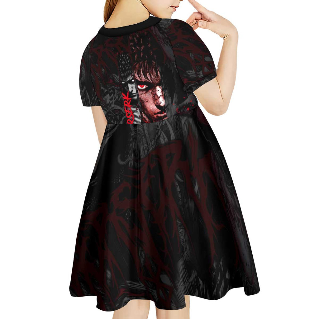 Guts Berserk Dark Theme Kid Short Sleeve Dress with Blood Splatter and Intense Warrior Expression Design - The Mazicc